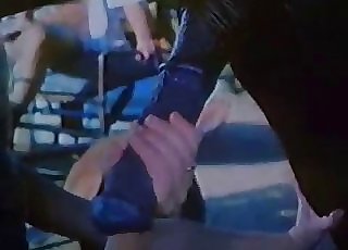 Towheaded chick sucking a huge stallion